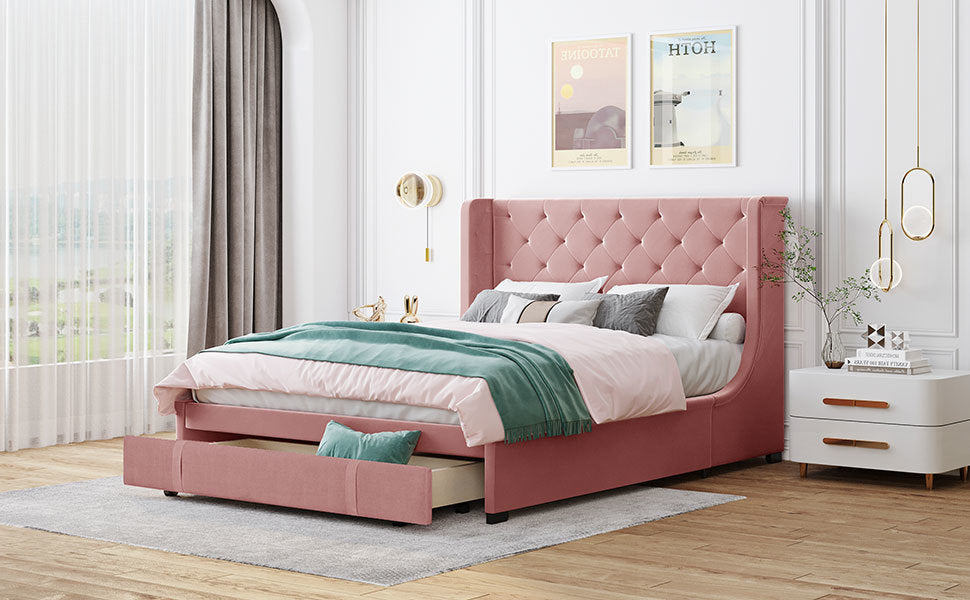 queen size storage bed velvet upholstered platform bed with wingback headboard and a big drawer (pink)