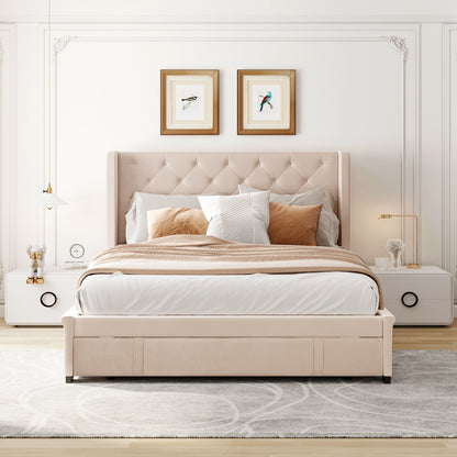 Modern Velvet Upholstered Platform Bed with Wingback Headboard and a Big Drawer