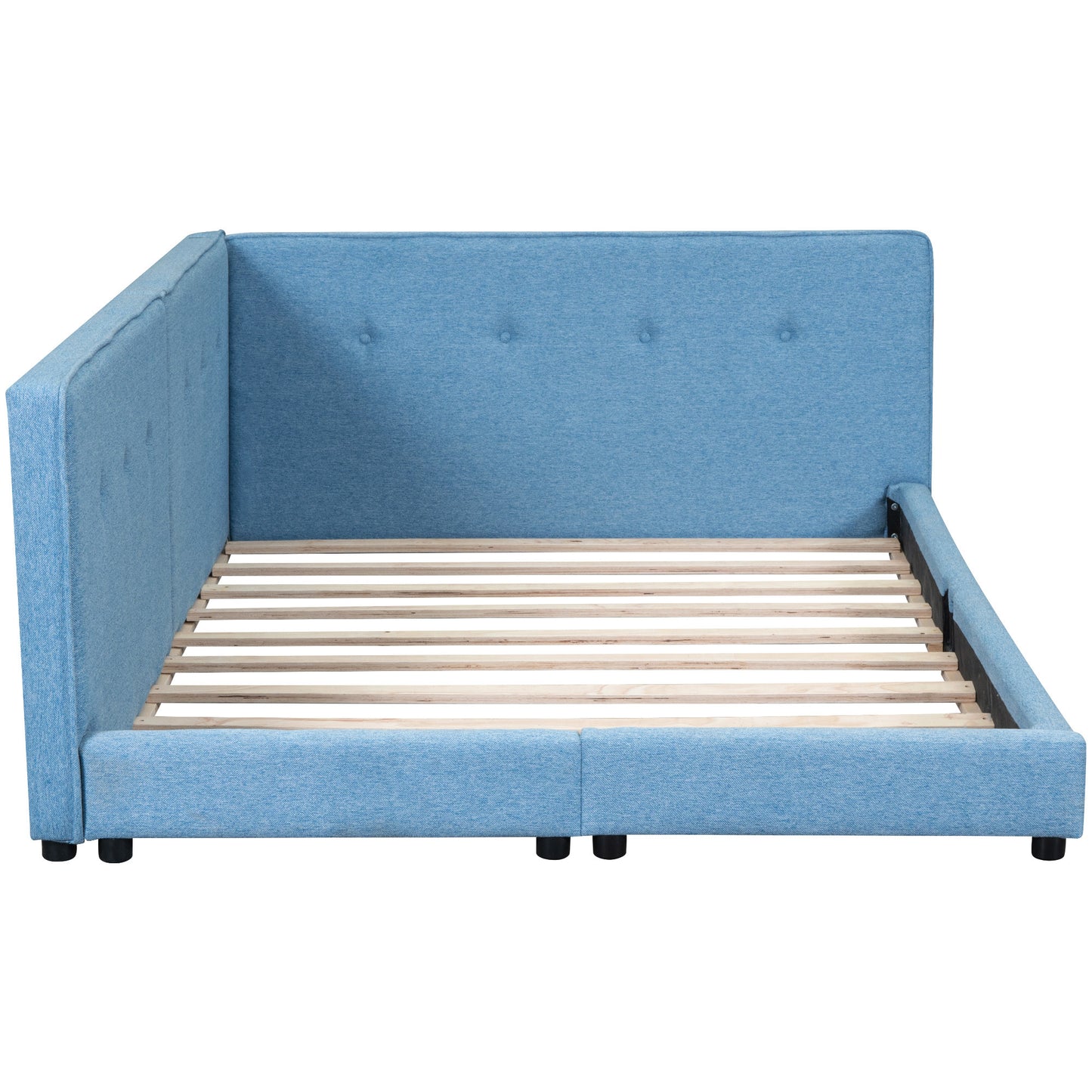 upholstered queen size platform bed with usb ports, blue