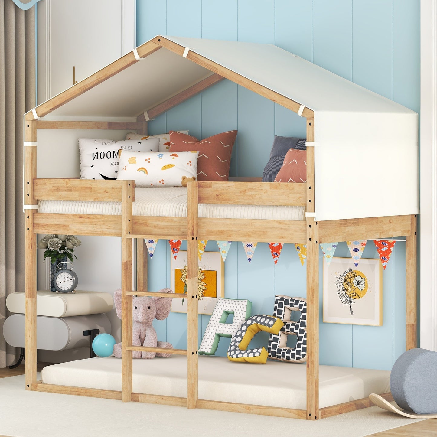 twin over twin bunk bed wood bed with tent