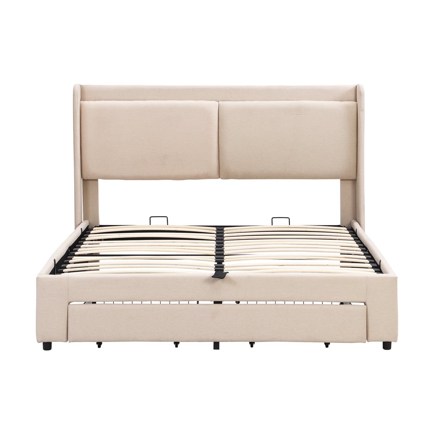 queen size storage upholstered hydraulic platform bed with 2 drawers, beige