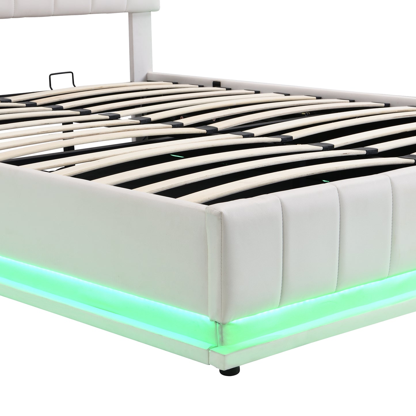 upholstered bed with hydraulic storage system and led light, sockets, and usb ports, white