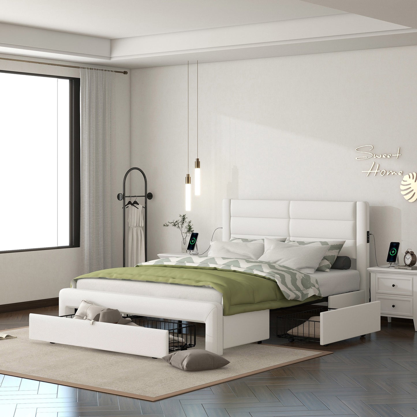 leather upholstered platform bed with drawer storage & charging station, white