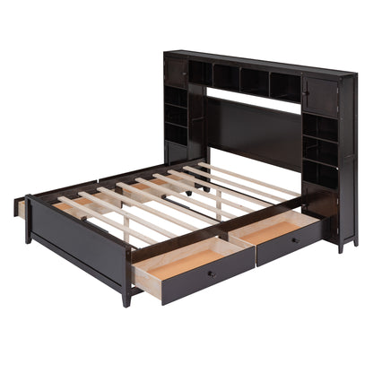 Wooden Bed With All-in-One Cabinet and Shelf