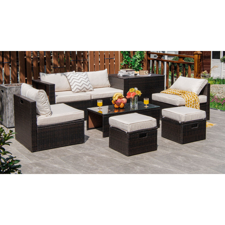 8 pieces patio space-saving rattan furniture set with storage box and waterproof cover