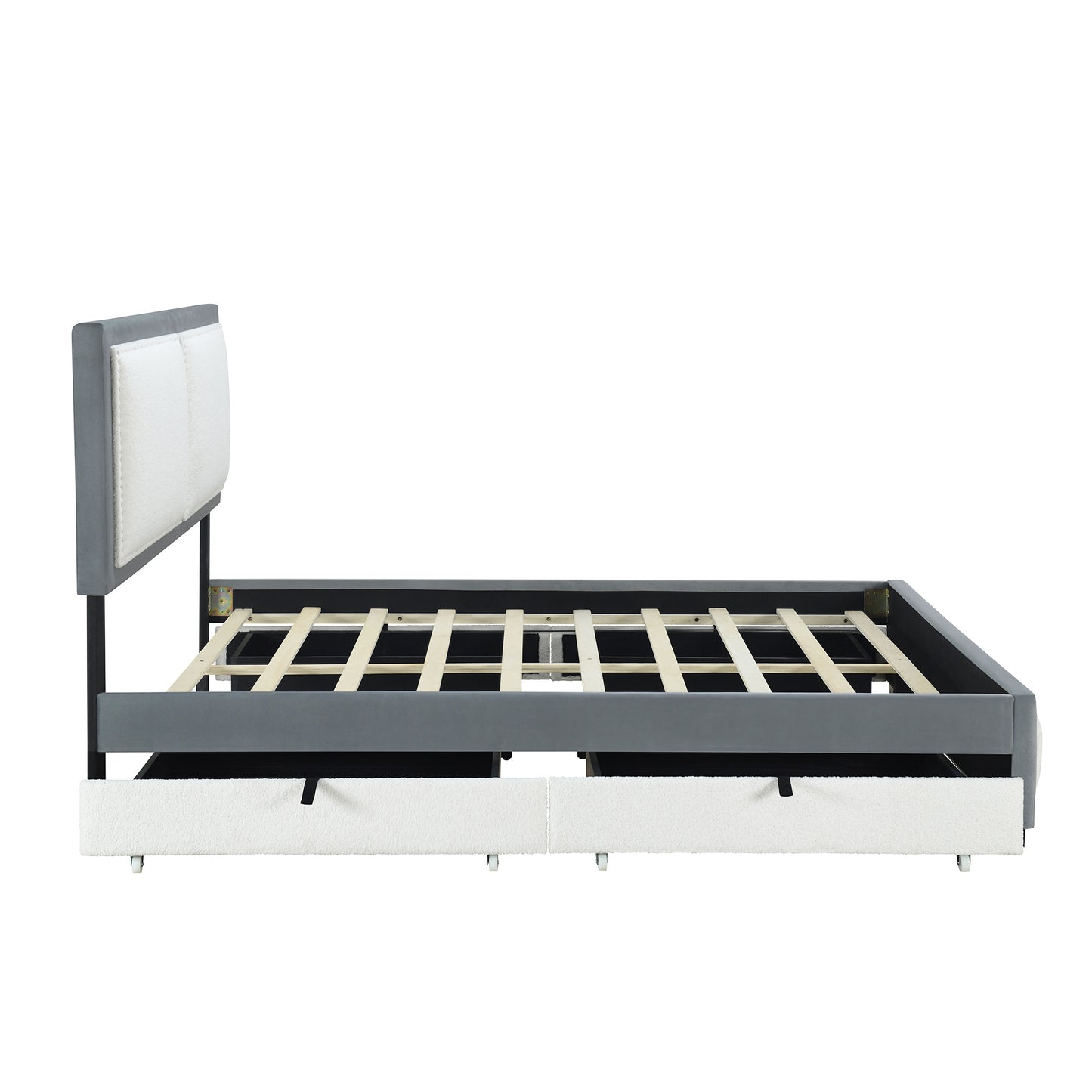 teddy upholstered platform bed with large rivet-decorated backrests and 4 drawers, velvet gray+white