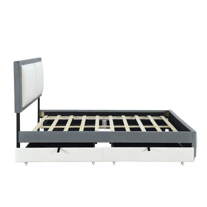 Teddy Upholstered Platform Bed with Large Rivet-decorated Backrests and 4 Drawers, Velvet Gray+White