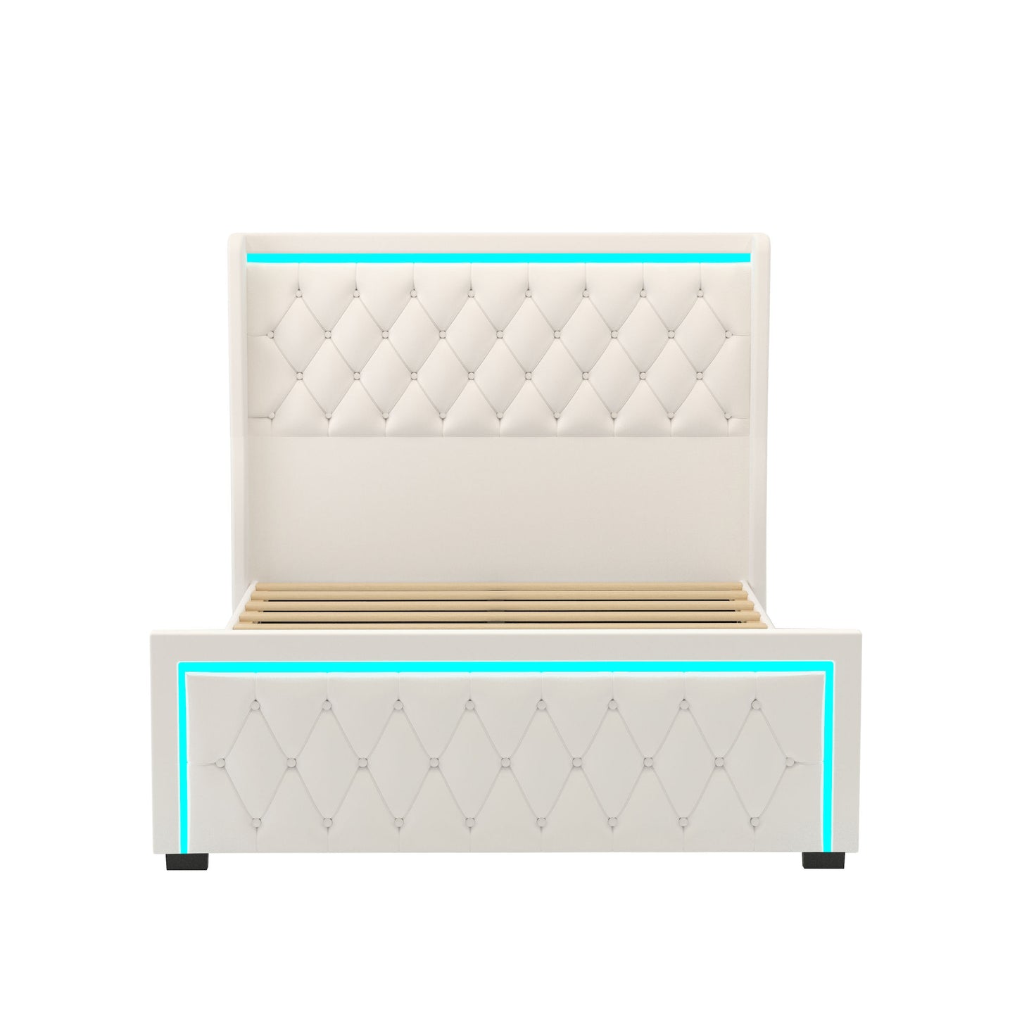 velvet upholstered bed with deep tufted buttons & adjustable colorful led light, beige