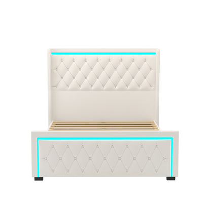 Velvet Upholstered Bed with Deep Tufted Buttons & Adjustable Colorful LED Light, Beige