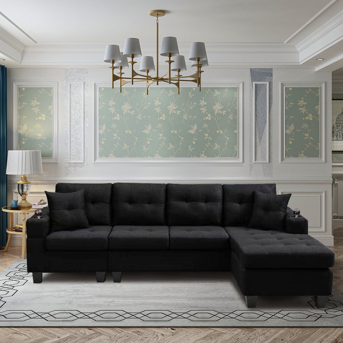 right sectional sofa with footrest, black