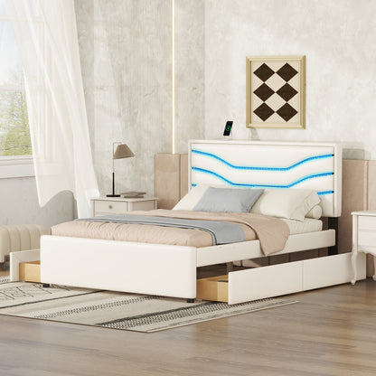 Retro Upholstered Storage Platform Bed with LED, 4 Drawers and USB Charging, White