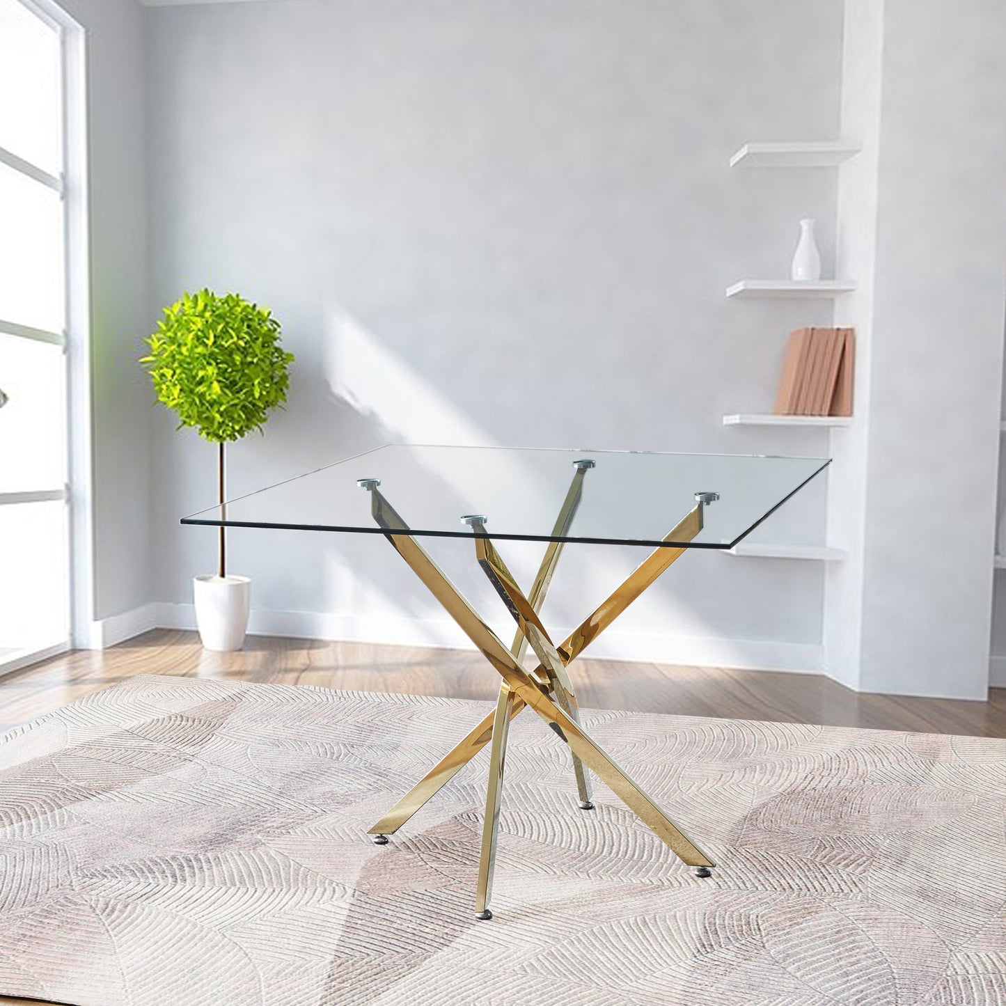 square clear dining tempered glass table with gold finish stainless steel legs