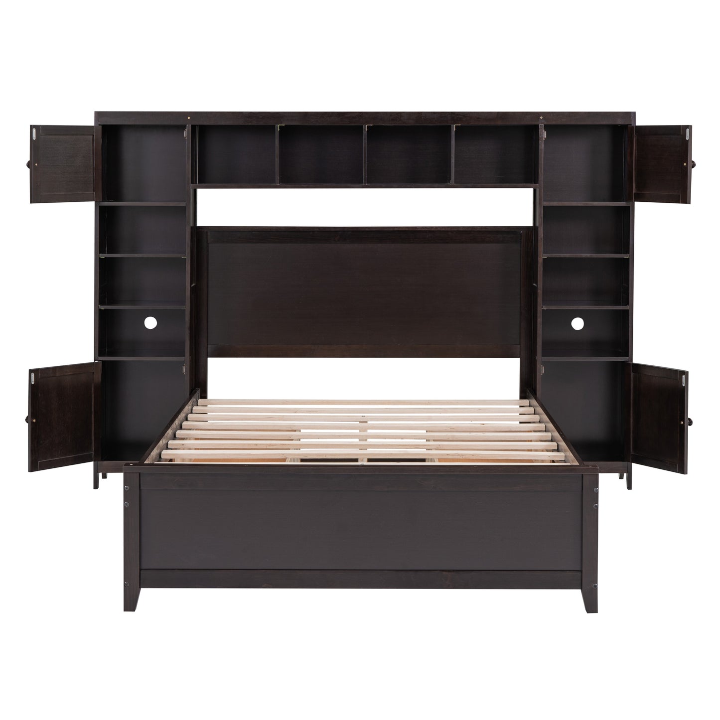 wooden bed with all-in-one cabinet and shelf
