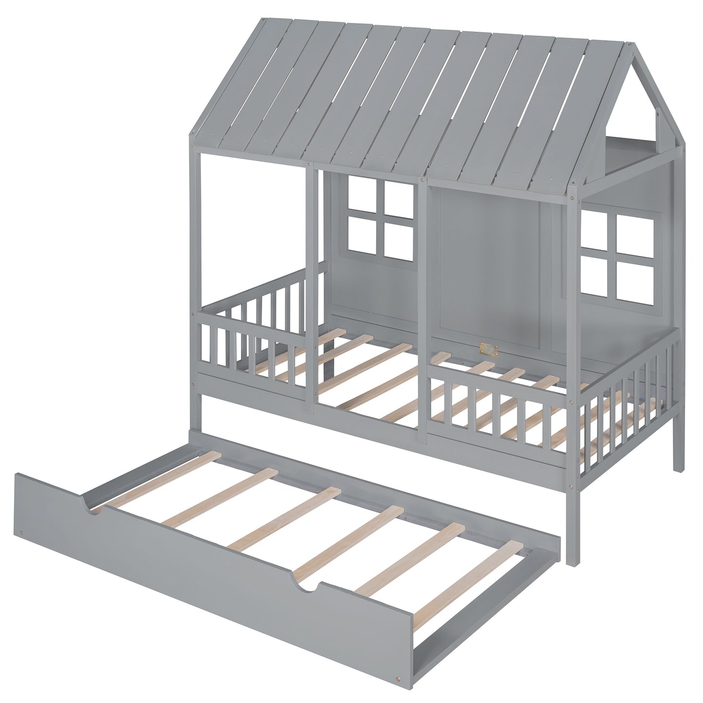 wood house bed with twin size trundle, gray