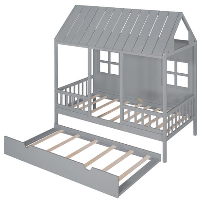 Wood House Bed With Twin Size Trundle, Gray