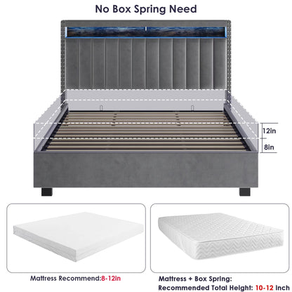 Luxury Gas Lift Storage Bed with RF LED Lights & Storage Headboard ,Grey