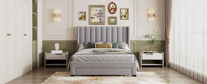 Velvet Upholstered Platform Bed with a Big Drawer