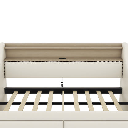 Upholstered Bed with Charging Station and LED Lights, Beige