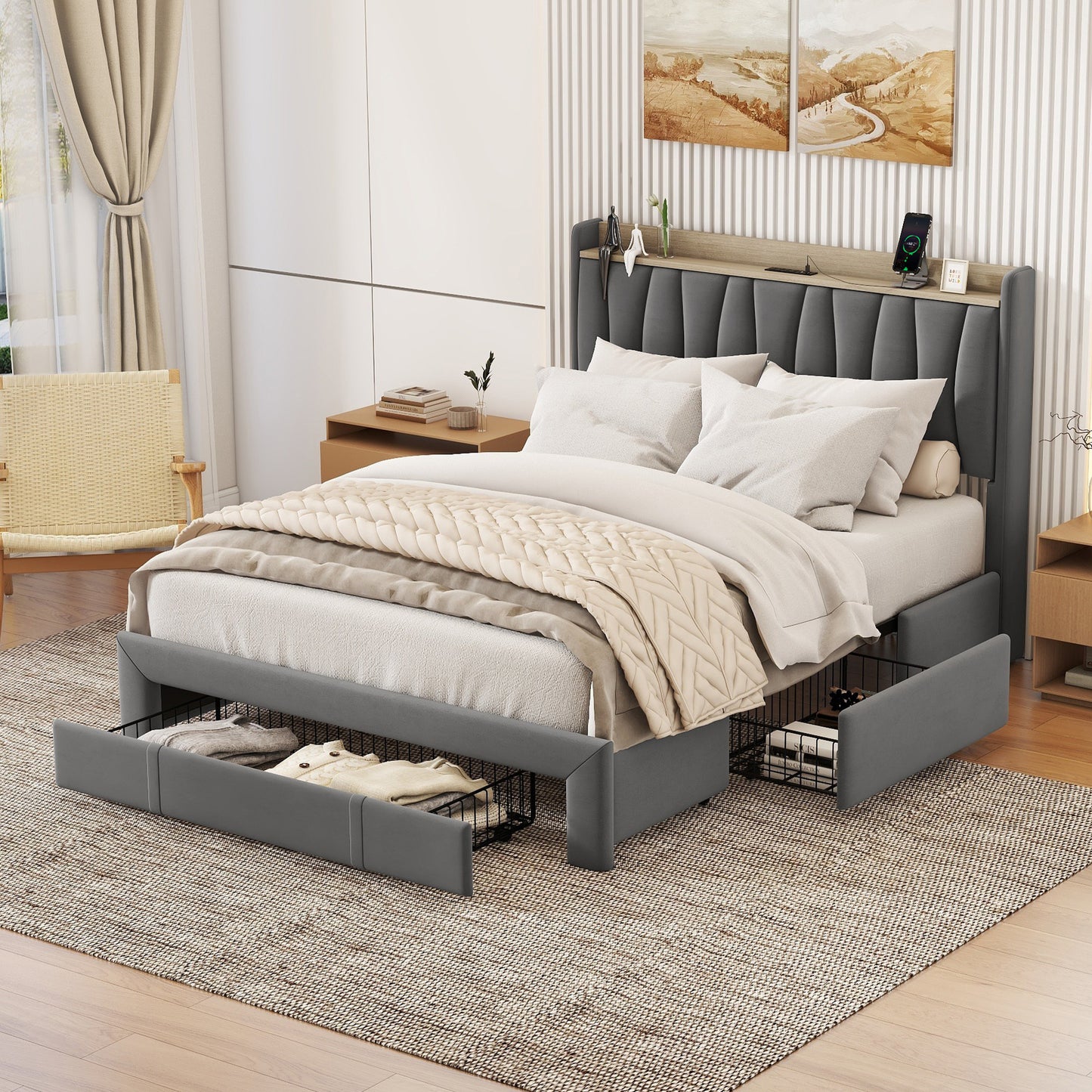 queen size bed frame with storage headboard and charging station,dark gray