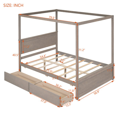 Wood Canopy Bed with two Drawers, Light Brown