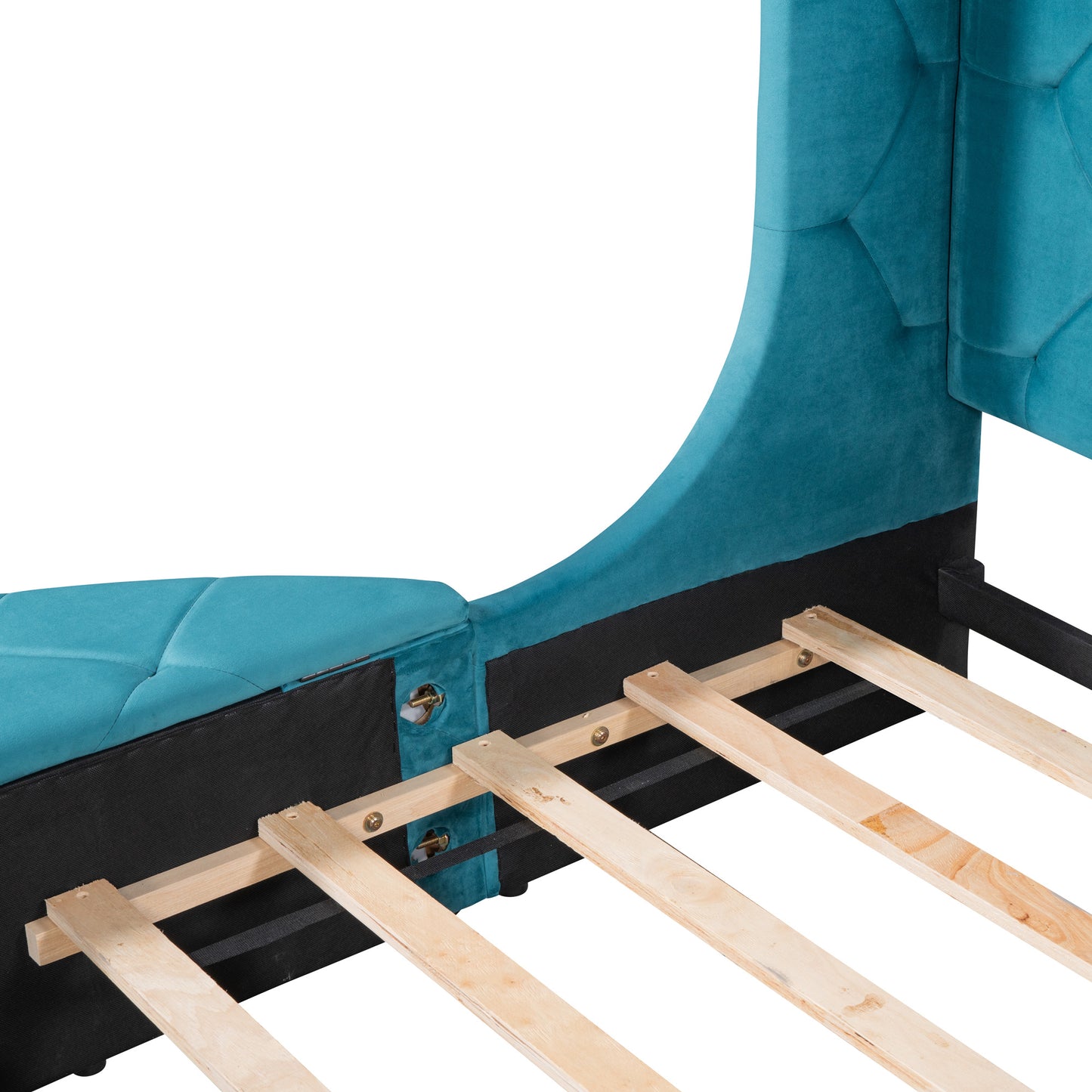 upholstered platform storage velvet bed with wingback headboard, blue