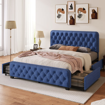Sara Upholstered Platform Bed Frame with Four Drawers, Blue