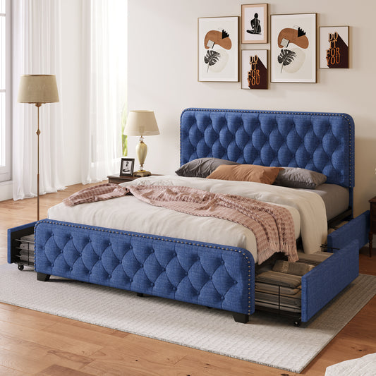 Sara Upholstered Platform Bed Frame with Four Drawers, Blue
