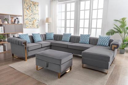 Maddie Velvet 7-Seater Sectional Sofa with Reversible Chaise and Storage Ottoman
