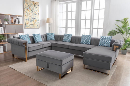Maddie Velvet 7-Seater Sectional Sofa with Reversible Chaise and Storage Ottoman
