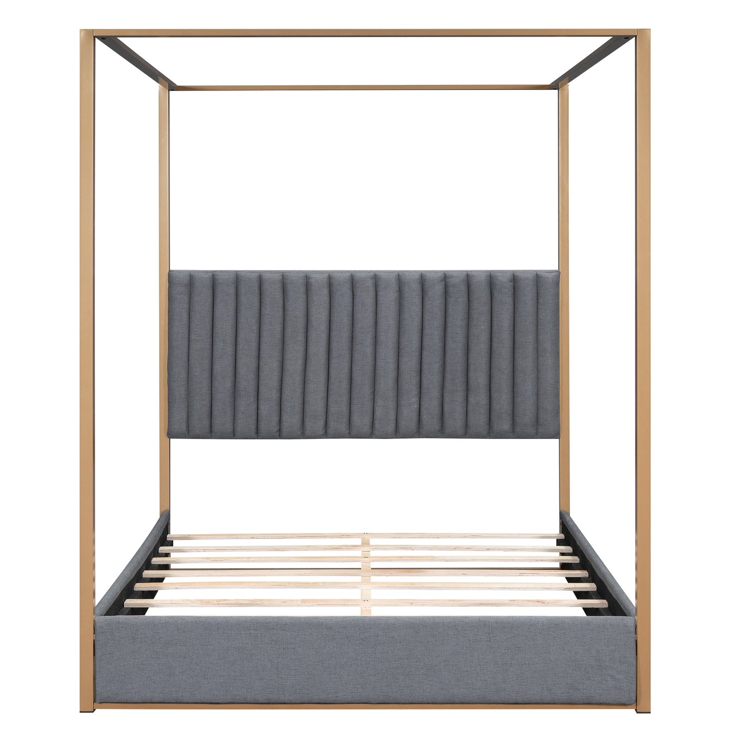 upholstery canopy platform bed with headboard and metal frame, gray