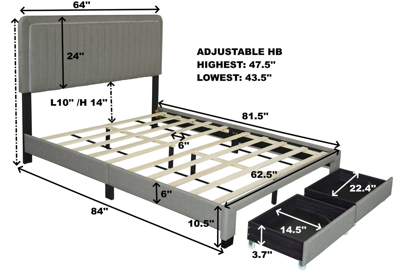 queen size upholstered bed with adjustable height  storage