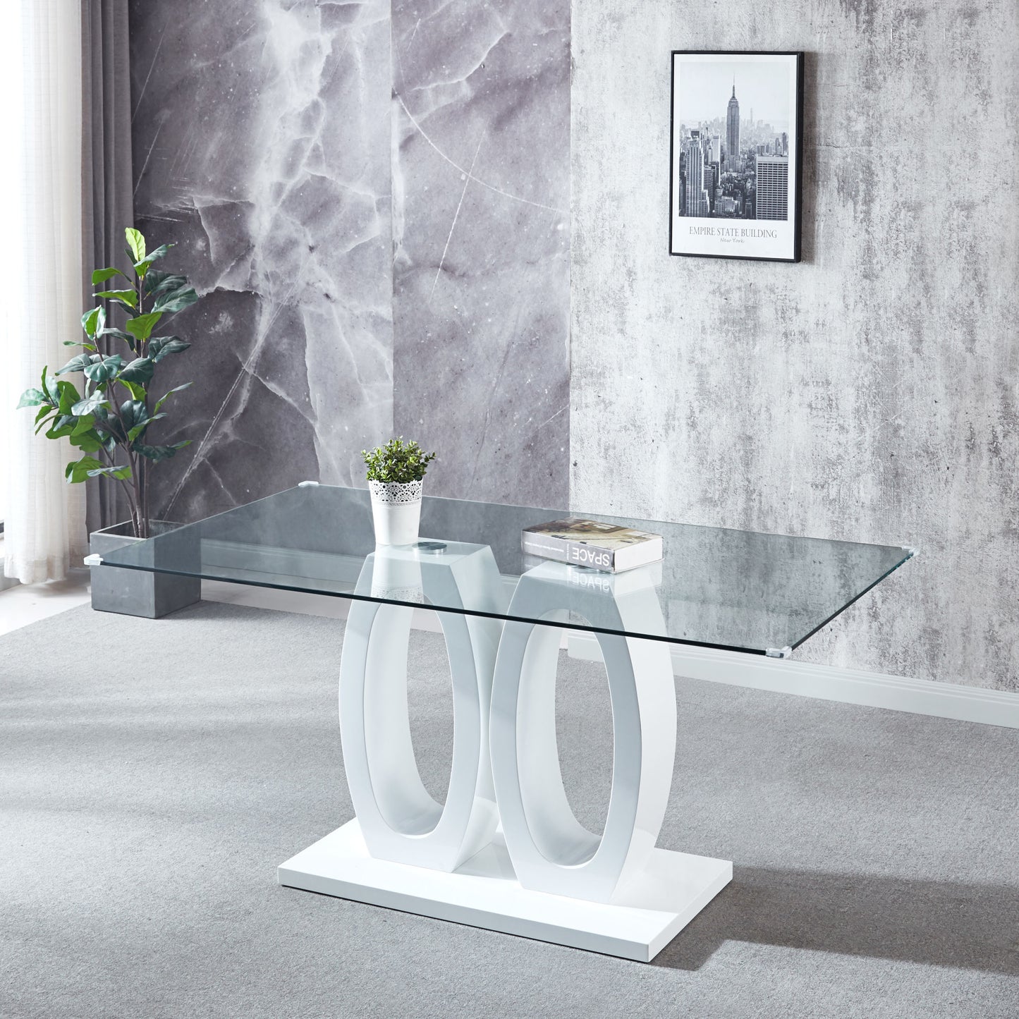 double pedestal dining table- tempered glass, white