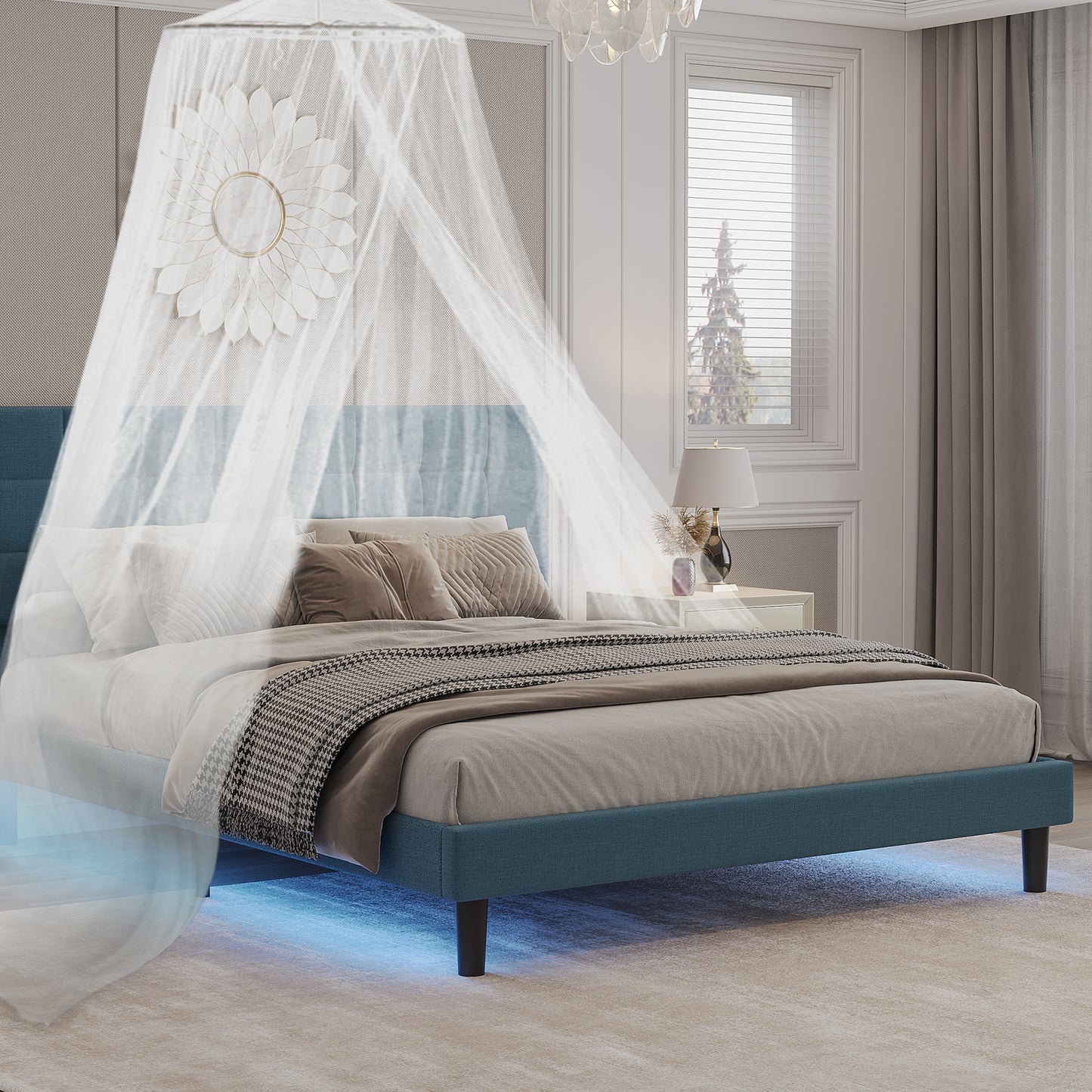 square upholstered platform bed with lights square stitched