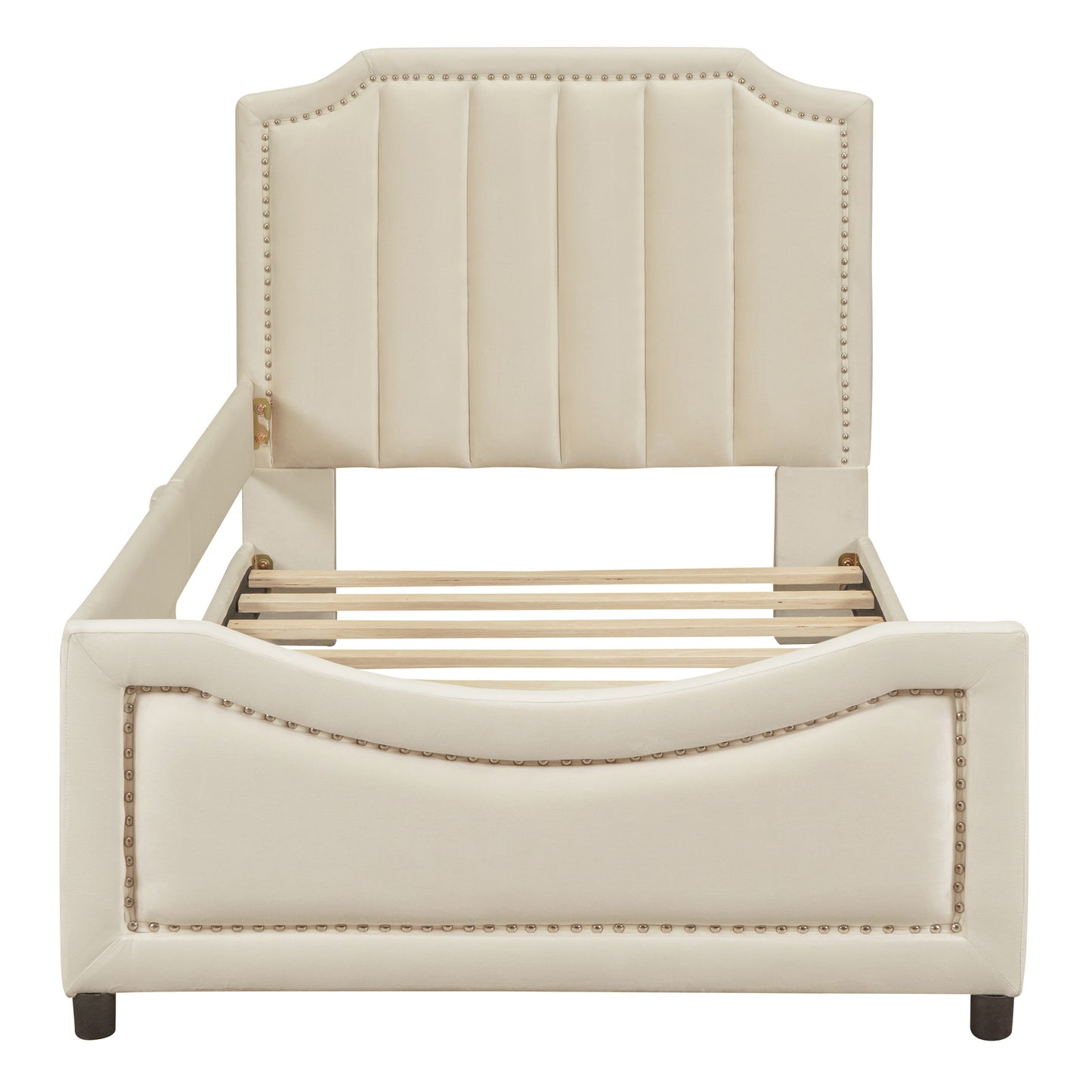 maya upholstered bed with classic stripe shaped headboard, beige