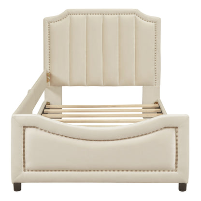 Maya Upholstered Bed with Classic Stripe Shaped Headboard, Beige