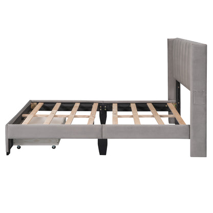 Danny Velvet Upholstered Platform Bed with a Big Drawer - Gray