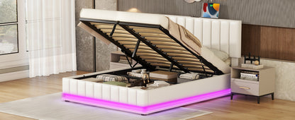 Upholstered Bed with Hydraulic Storage System and LED Light, Sockets, and USB Ports, White