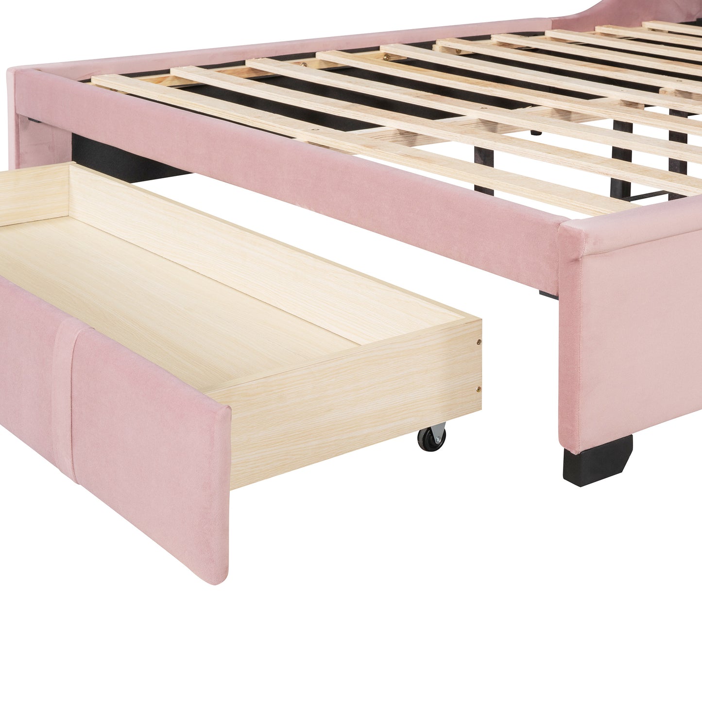 modern velvet upholstered platform bed with wingback headboard and a big drawer
