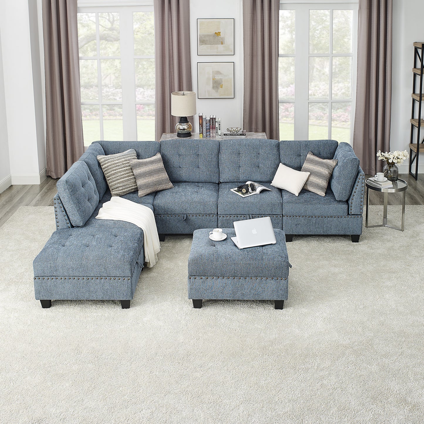 l shape modular sectional sofa includes 2 ottomans, navy blue