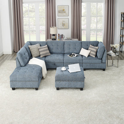 L shape Modular Sectional Sofa includes 2 Ottomans, Navy Blue