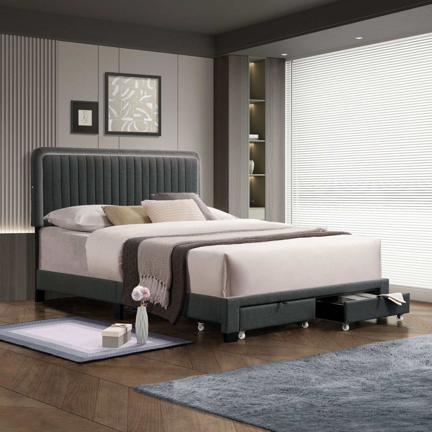 queen upholstered footboard bed with storage, dark grey