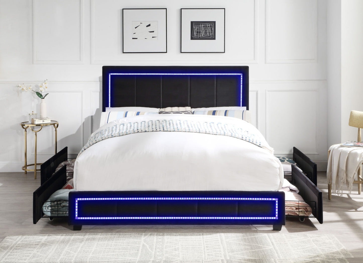 upholstered queen size platform bed with led lights, storage bed with 4 drawers, black