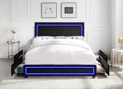 Upholstered Queen Size Platform Bed with LED Lights, Storage Bed with 4 Drawers, Black