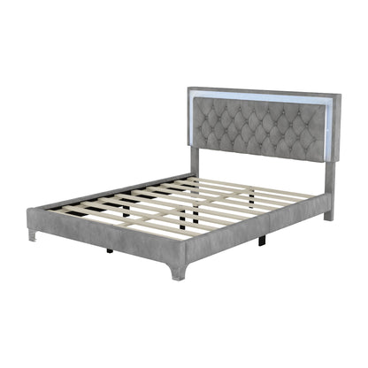 3-Pieces Upholstered Platform Bed with LED Lights and Two Nightstands-Gray