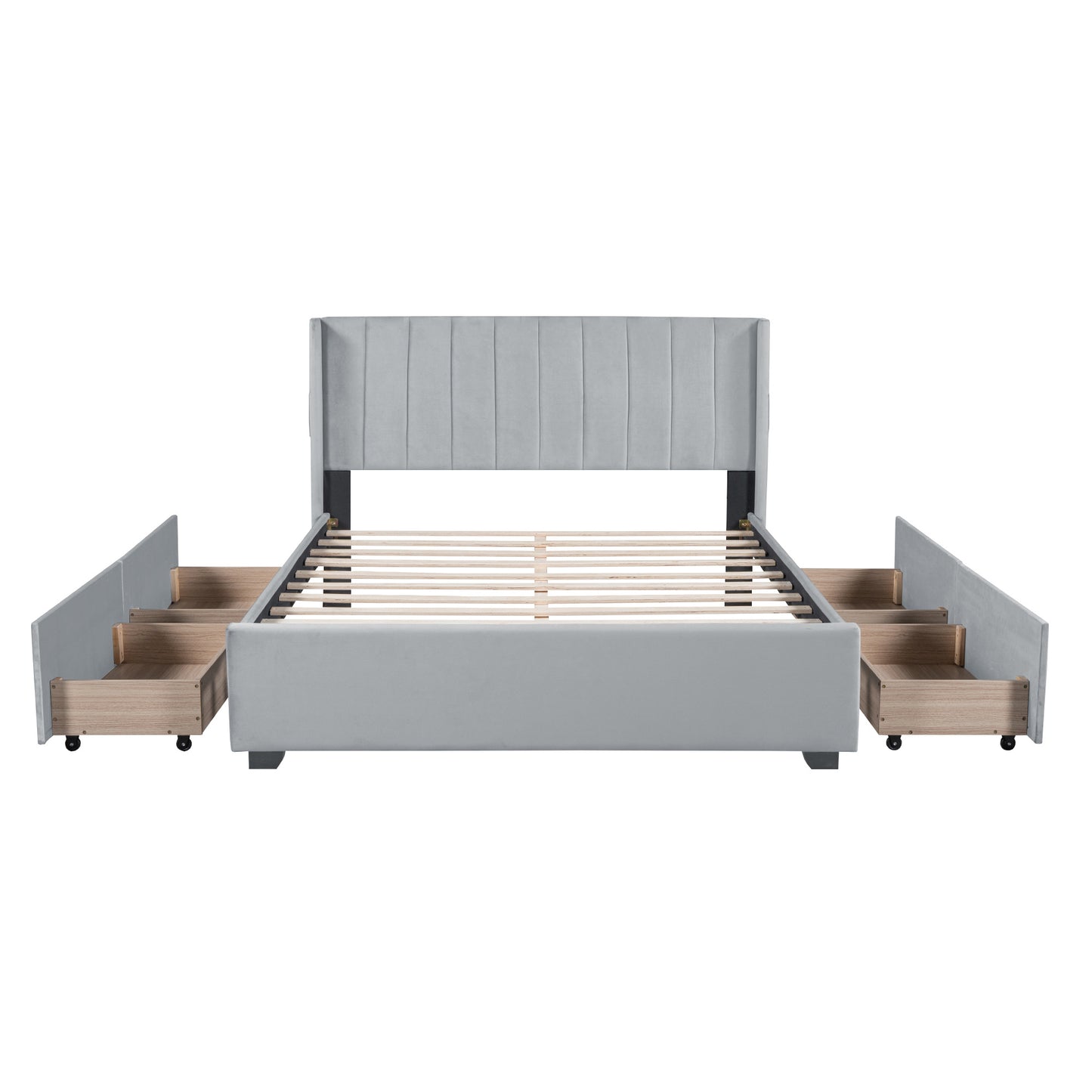 queen size upholstered bed with 4 drawers, gray