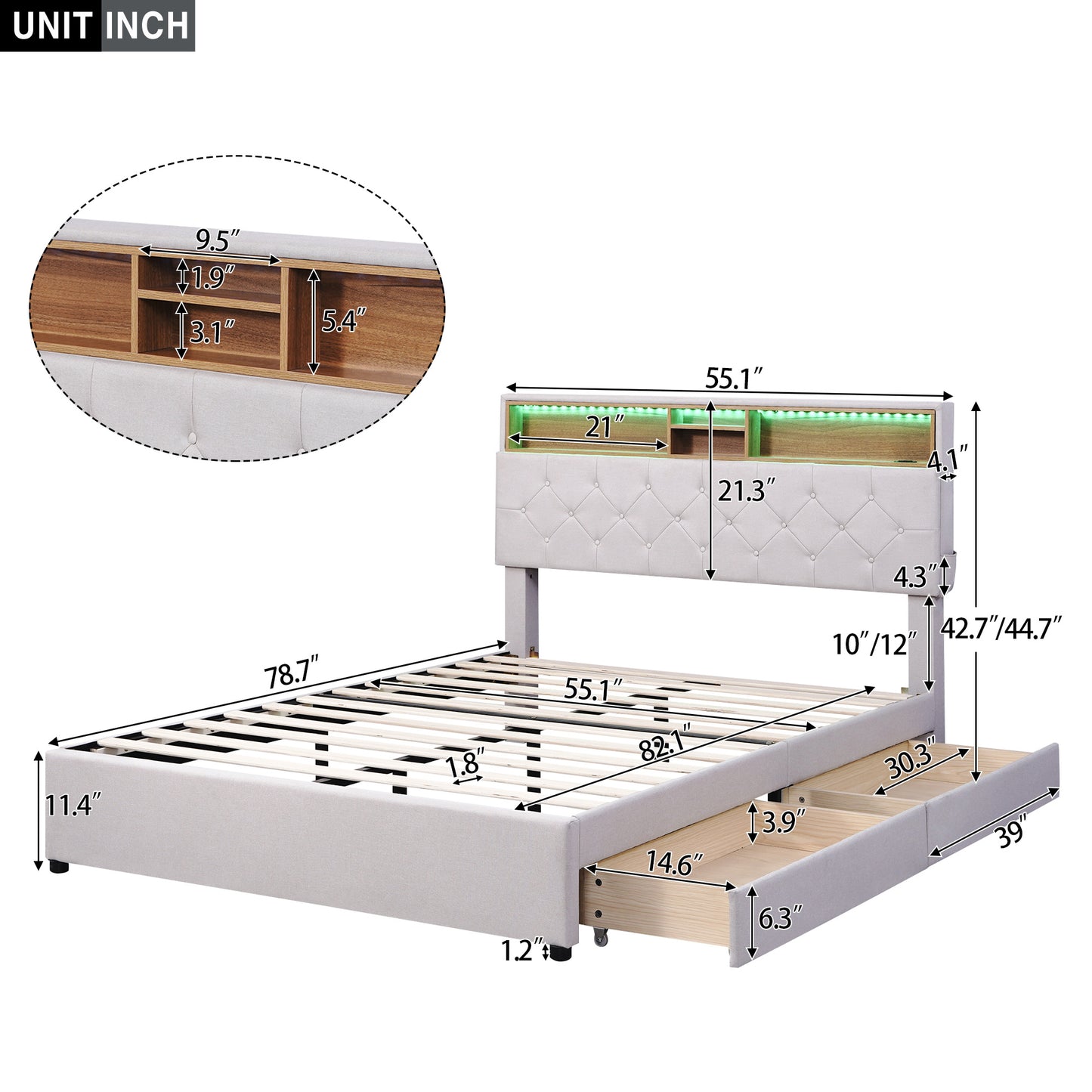 upholstered bed with storage headboard, led, usb charging and 2 drawers