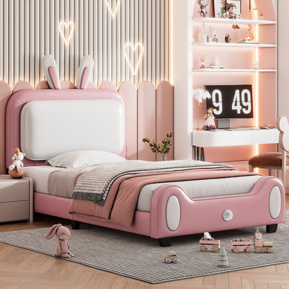 Upholstered Rabbit-Shape Princess Bed, White+Pink