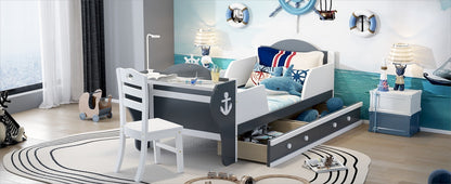 Boat-Shaped Platform Bed with Two Drawers, Desk and Chair, White+Gray
