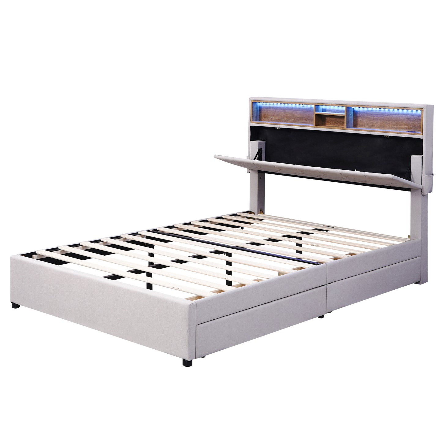 upholstered bed with storage headboard, led, usb charging and 2 drawers