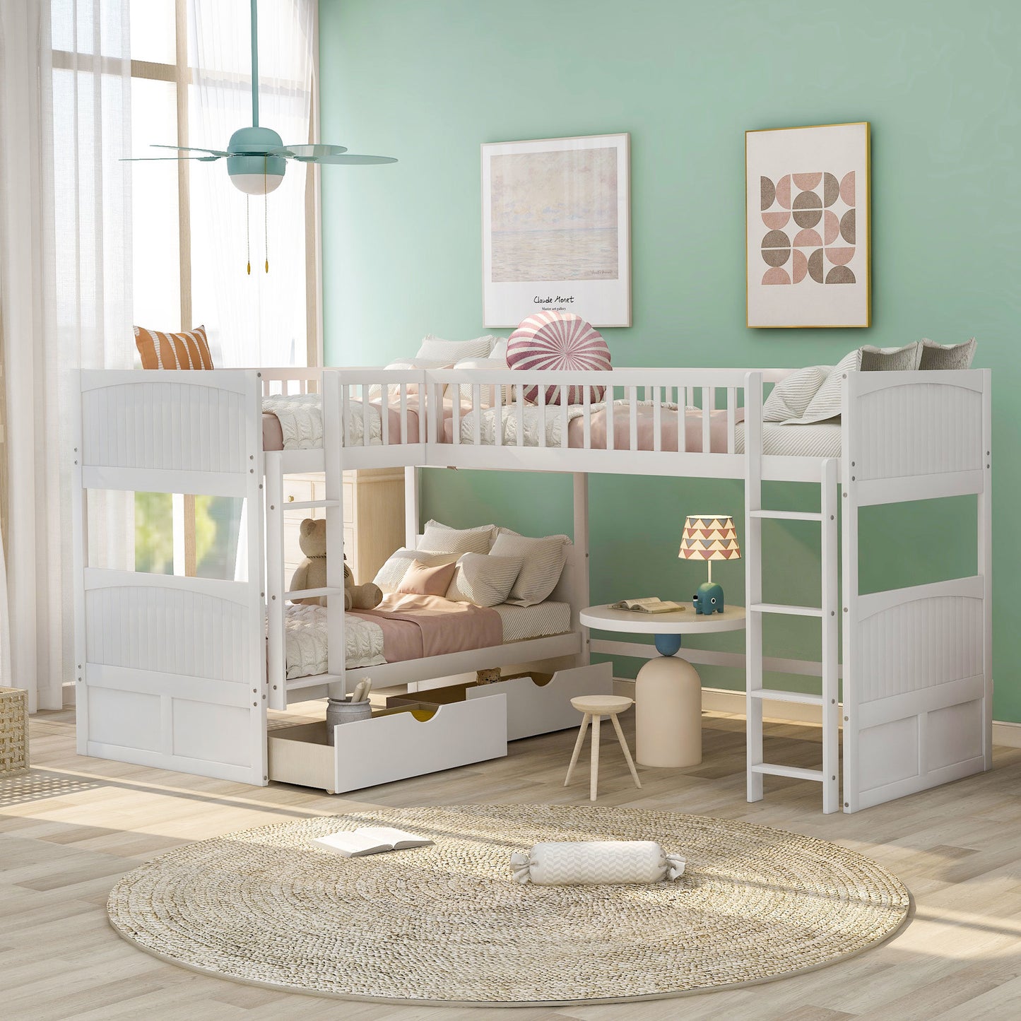 twin size bunk bed with a loft bed attached and two drawers, gray